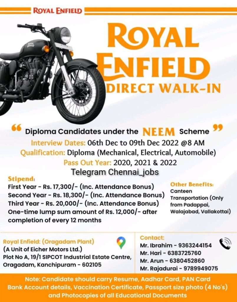 Royal Enfield Direct Walk In Interview | Fresher Job Vacancy | Salary 17,300 - 20,000