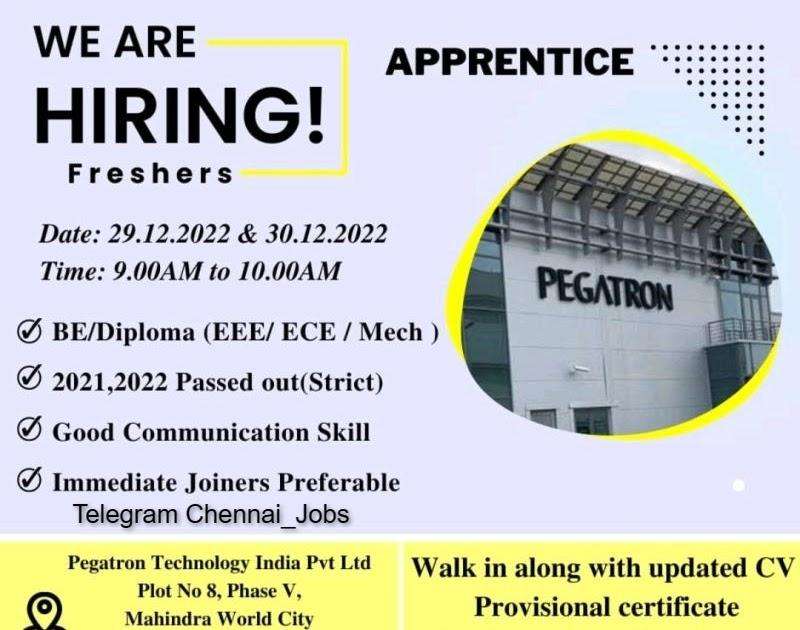 PEGATRON COMPANY DIRECT WALK IN INTERVIEW | B.E.ENGG / DIPLOMA | DATE 29 & 30th December 2022