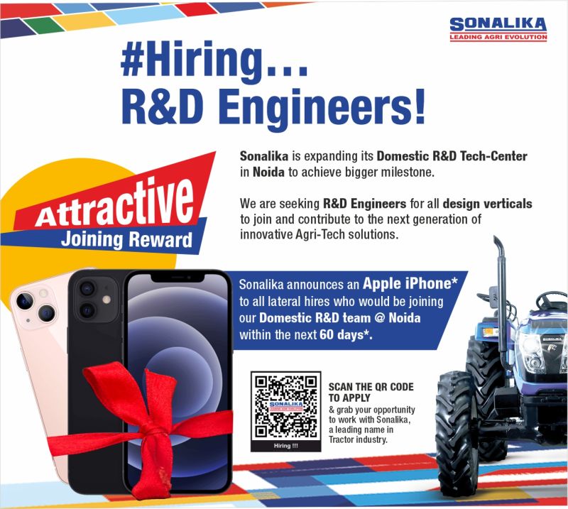 Apple iPhone as a Joining Reward Job Vacancy 2023 | R & D Engineer Openings | B.E.Mechanical Engineer | Sonalika Tractor Company - Apply now