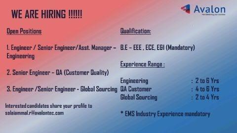 Avalon Company Job Openings | B.E.EEE,ECE,E&I With minimum Experience | Tambaram - Chennai