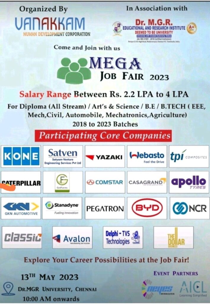 Mega Job Fair 2023 | Diploma, Arts & Science, B.E.Engineers (Mech, EEE, ECE, Auto, Agri, Civil) -Salary Upto 4 LPA | Date 13th May 2023