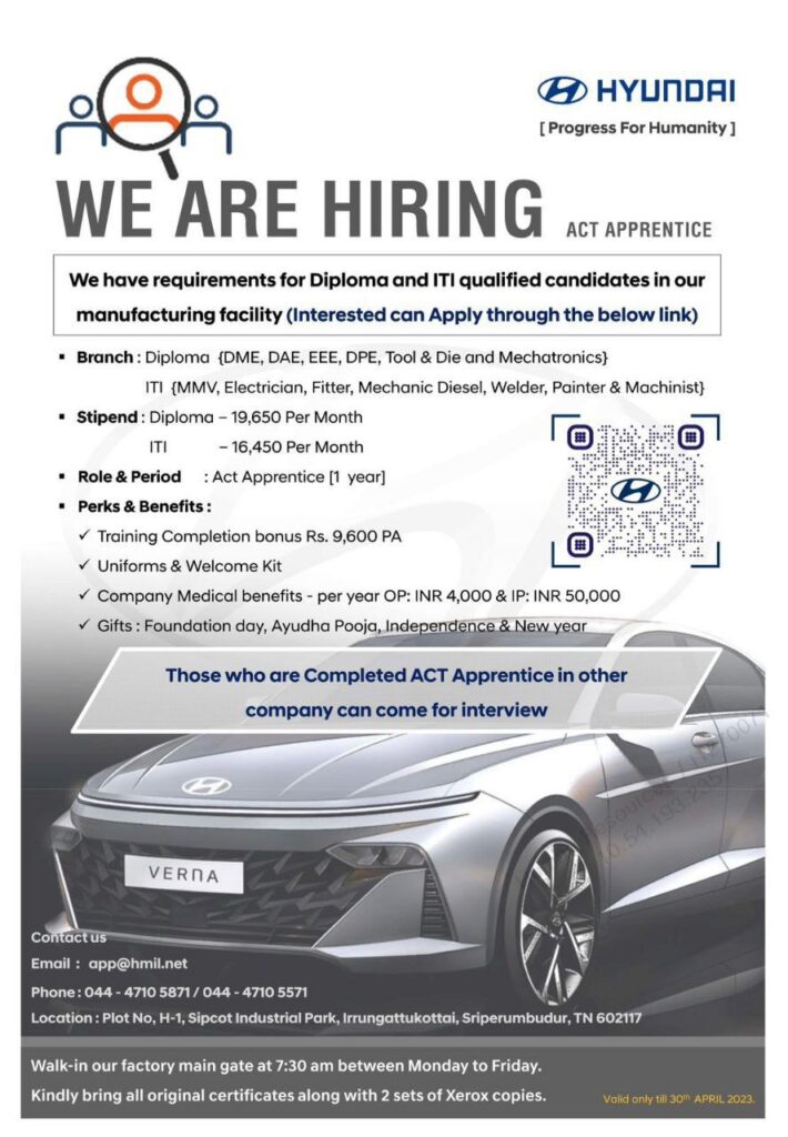 HYUNDAI Motors Job Vacancy 2023 | Fresher Walk-In Interview | Salary 19,650 /- | Apply now