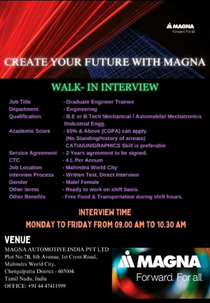 Magna Automotive Fresher Job With Good Salary | B.E.Mechanical Engineer | Walk-In Interview - Mahindra World City