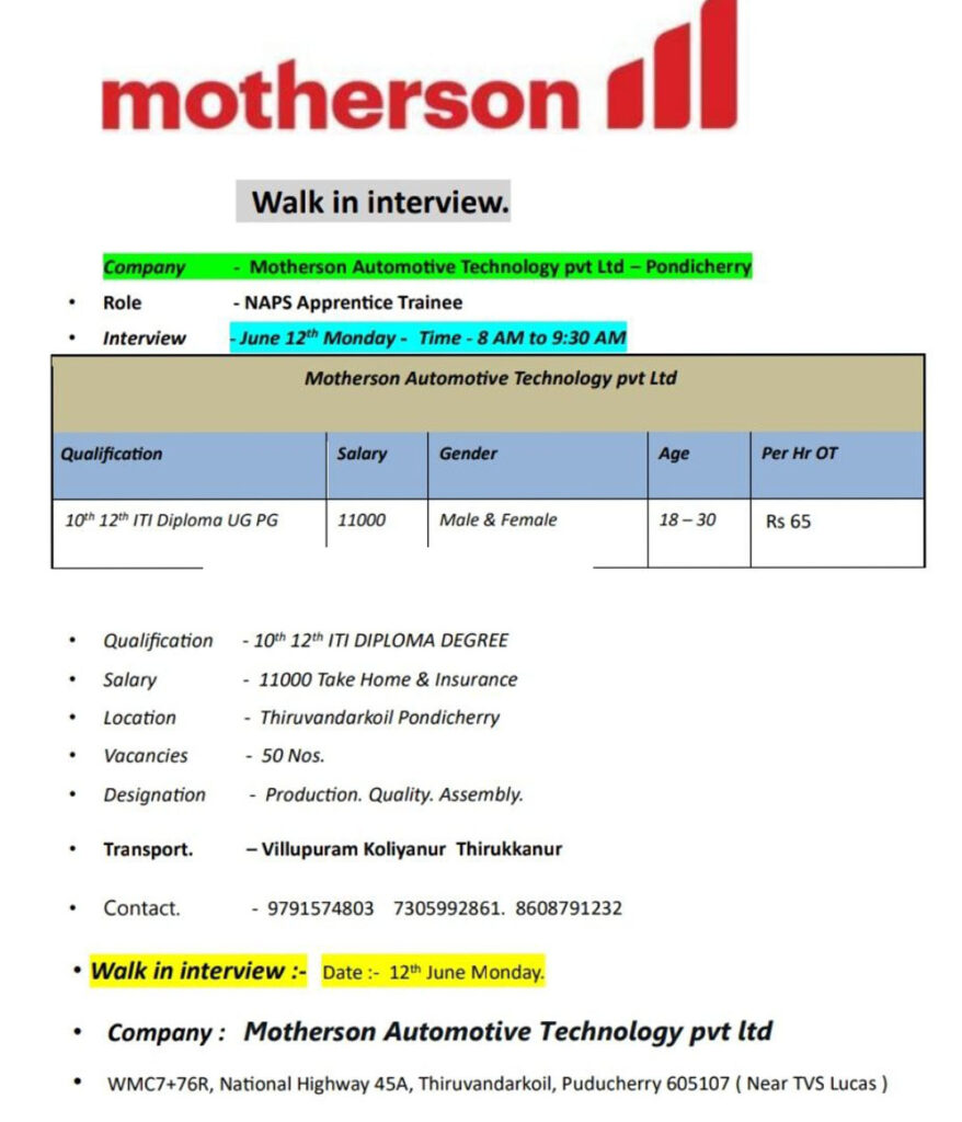 Walk in Interview In Motherson Company Bulk Hiring | Any Qualification | ITI , Diploma , Degree ( Mechanical , EEE ,ECE & Others )